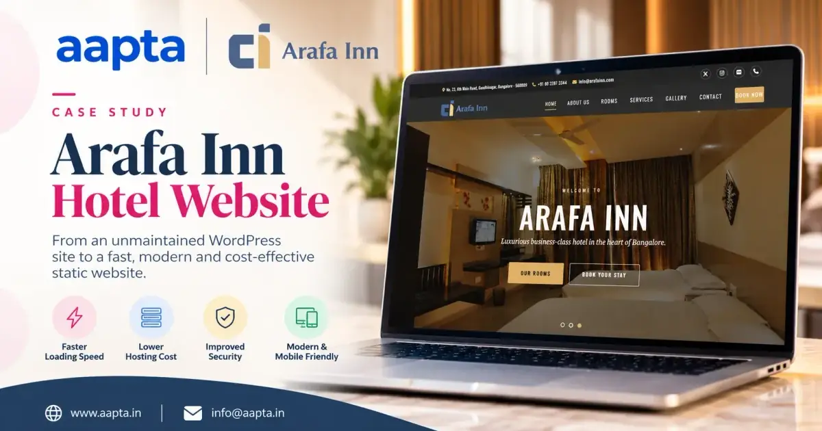 Arafa Inn hotel website rebuilt by Aapta Solutions — a fast, low-cost static site for a business-class hotel in Gandhinagar, Bangalore, replacing an unmaintained WordPress site