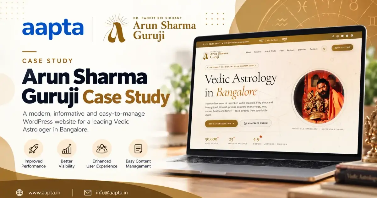 Arun Sharma Guruji website redesign by Aapta Solutions — a fast, mobile-first Next.js site for a Bangalore Vedic astrologer with online appointment booking and Razorpay payments