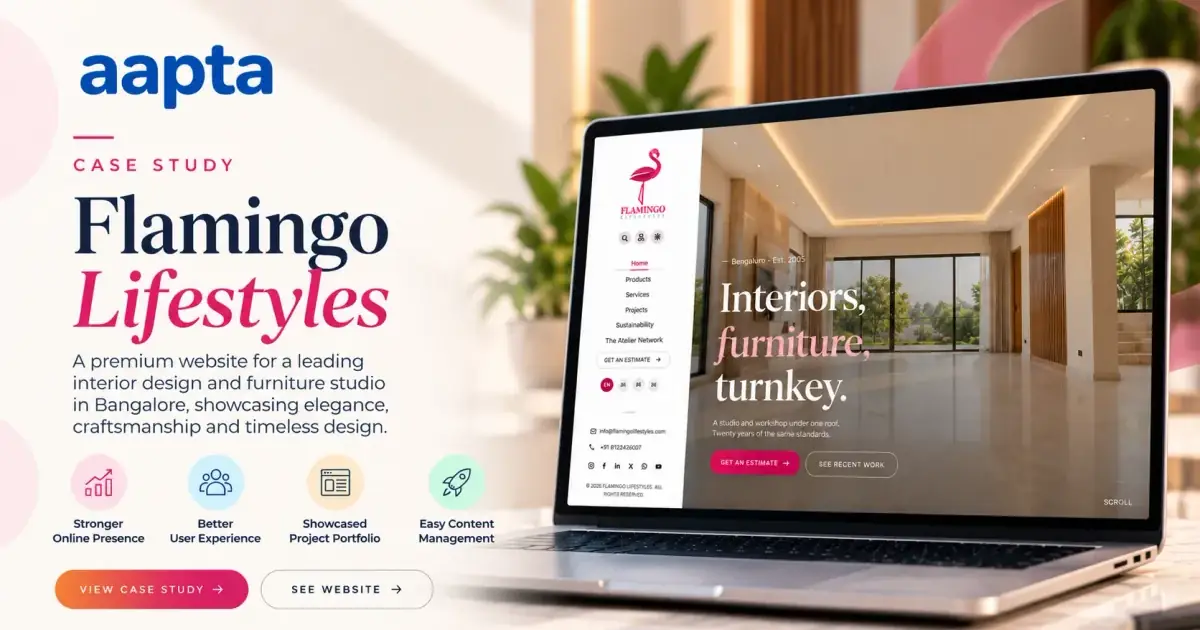 Flamingo Lifestyles website by Aapta Solutions — a custom Next.js ecommerce and interior-design operations platform for a Bengaluru furniture and turnkey studio