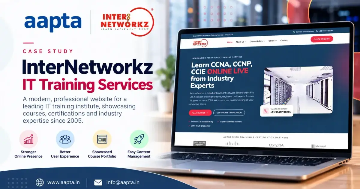Inter Networkz website rebuilt by Aapta Solutions — a near-static, fast Next.js site for a Bangalore IT training institute (CCNA, CCNP, CCIE, cloud), replacing a bloated WordPress and Elementor build
