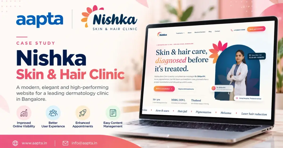 Nishka Skin & Hair Clinic website redesign by Aapta Solutions — a fast, custom Next.js site for a BTM Bangalore dermatology clinic led by Dr. Shilpa R K, with one-tap WhatsApp and call booking